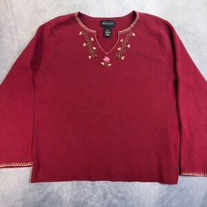 Lane Bryant Sweater Womens 14/16 Red Floral Embroidered Ribbed Split Neck Knit